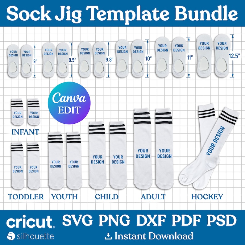 Sock Jig Template Bundle, Sock Jig Sublimation, Sock Insert Template, Ankle Sock Template Svg, No Show Sock Template, png, Canva Editable image 1