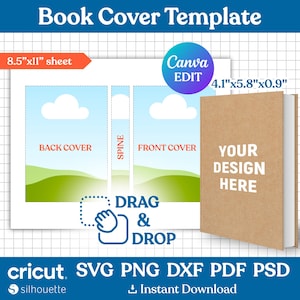 May include: A book cover template with the text "Book Cover Template". The template includes a layout for the back cover, spine, and front cover, with dimensions of 8.5"x11" for the sheet and a book size of 4.1"x5.8"x0.9". The design features a "Drag & Drop" graphic.
