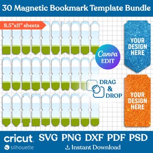May include: A set of 30 printable magnetic bookmark templates. The templates feature a blue and green colour scheme with a white border. The templates are designed to be used with Canva and Cricut.