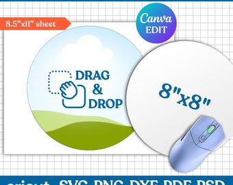 Könnte beinhalten: Eine runde Mauspad-Vorlage mit weißem Hintergrund und blauem Text, der "DRAG & DROP" lautet. Die Vorlage ist 8 Zoll mal 8 Zoll groß und wird auf einem weißen Rasterhintergrund angezeigt. Die Vorlage ist von einem blauen Kreis mit einer weißen Wolke und grünen Hügeln umgeben.