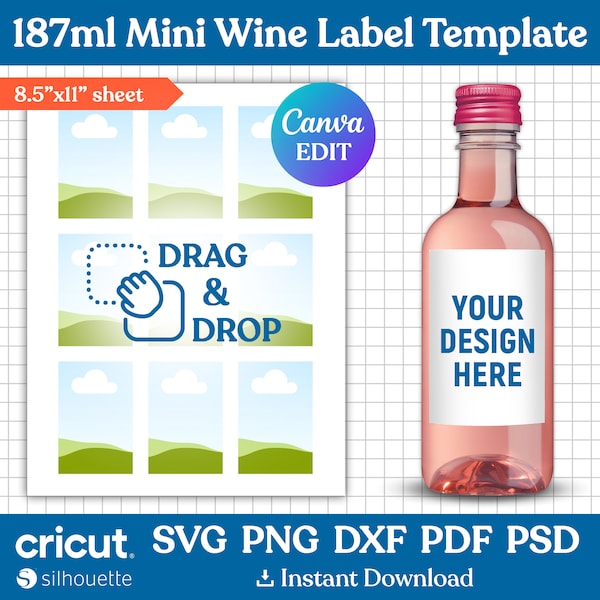 187ml Wine Label Template, Mini Wine Bottle Label, Wine Label Svg, Wine Bottle Tag, DIY Wine Sticker, Party Favor, Printable, Canva Editable