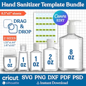 May include: A set of printable hand sanitizer bottle label templates in four sizes: 1 ounce, 2 ounces, 8 ounces, and a smaller size. The labels are blank and ready to be customized. The image also includes a sheet of 8.5 by 11 inch printable labels with a green and blue landscape design. The text "DRAG & DROP" is visible in the image.