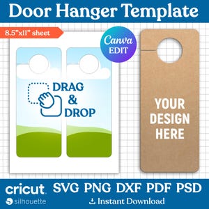 Plantilla para colgar en la puerta, colgador de puerta SVG, colgador de pomo de puerta, letrero colgante de pomo de puerta, plantilla de sublimación, archivo de corte, imprimible, editable en Canva