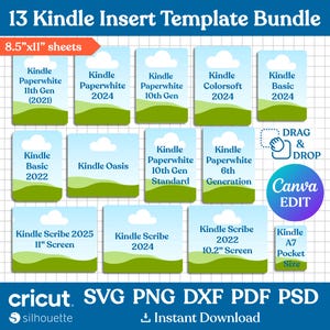 Lot de 13 modèles d'inserts pour Kindle : inserts pour étui Kindle, inserts pour étui transparent, modèles pour Paperwhite, modèles de couverture Kindle, à faire soi-même, modifiables avec Canva.