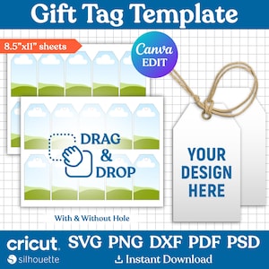 Modello di etichetta regalo, modello di etichetta appesa, modello di etichetta regalo, etichette regalo in foglio bianco, modello di etichette stampabili per feste, etichetta regalo SVG, Canva modificabile