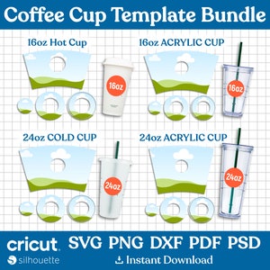 Può includere: Un download digitale di modelli stampabili per tazze da caffè da 16 oz e 24 oz. I modelli presentano un cielo blu con nuvole bianche, colline verdi e un cerchio per il logo della tazza. I modelli sono disponibili nei formati SVG, PNG, DXF, PDF e PSD.
