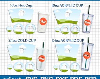 Paquete de plantillas de taza de café de 16 oz - 24 oz, plantilla de taza caliente de café, plantilla de taza fría de café, plantilla acrílica, taza fría de 24 oz, Canva editable