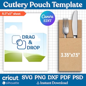 May include: A printable template for a cutlery pouch, with instructions to drag and drop elements. The template is designed to fit on an 8.5 by 11 inch sheet of paper. The finished pouch measures 3.35 by 7.5 inches.