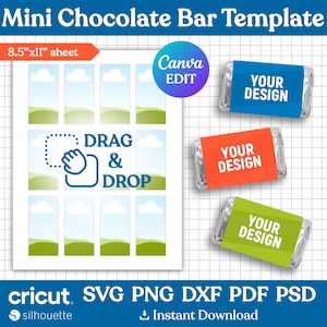 May include: Printable template for mini chocolate bar wrappers. The template includes a design with clouds, hills, and a blue sky. The text "DRAG & DROP" is included on the template. The template is designed to be used with Cricut and Silhouette cutting machines. The template is available for instant download.