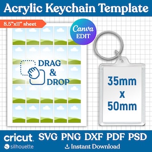 Puede incluir: Una plantilla para crear llaveros de acrílico. La plantilla es una hoja de 8,5 por 11 pulgadas con 16 cuadrados. Cada cuadrado mide 1,75 pulgadas por 1,75 pulgadas. La plantilla está diseñada para ser utilizada con una máquina de corte. La plantilla incluye instrucciones sobre cómo arrastrar y soltar imágenes en los cuadrados. La plantilla también incluye una maqueta de un llavero con las dimensiones 35 mm por 50 mm.