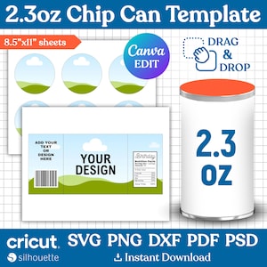 Plantilla de lata de chip de 2.3 oz, plantilla de etiqueta de lata de chip, plantilla de lata de papa frita, etiqueta de chip de pila de bocadillos, favor de fiesta, imprimible, Canva editable