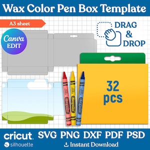 32pcs Crayon Box Template, Wax Crayon Box Template, Wax Color Pen Gift Box, Box Template, Party Favor Box, Gift Box Svg, Png, Canva Editable