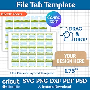 May include: File tab template with a landscape design, featuring blue skies and green fields. The template is designed for 8.5"x11" sheets and includes the text "Canva EDIT", "DRAG & DROP", and "YOUR DESIGN HERE". The tabs are 1.75" wide.