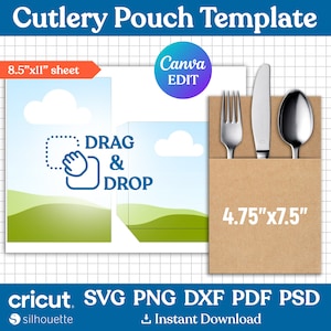 Puede incluir: Una plantilla imprimible para una bolsa de cubiertos. La plantilla está diseñada para imprimirse en una hoja de papel de 8,5 x 11 pulgadas. La bolsa mide 4,75 x 7,5 pulgadas y presenta un diseño simple con un fondo de cielo y hierba. El texto "DRAG & DROP" está incluido en la plantilla.