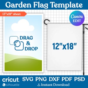 May include: A white garden flag template with the text "DRAG & DROP" in blue. The flag is 12 inches by 18 inches and is shown on a grid background. The text "Canva EDIT" is in a blue circle.