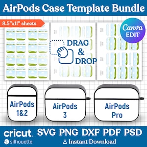 Può includere: Un pacchetto di modelli di custodie per AirPods con il testo "AirPods Case Template Bundle". L'immagine include modelli per AirPods 1&2, 3 e Pro, insieme a fogli "8,5"x11"" e le parole "DRAG & DROP". L'immagine include anche le parole "Canva EDIT".