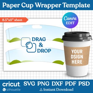 Papierschalen-Hüllenvorlage, Kaffeetassen-Hülsenvorlage, Becherhülsen-Svg, Pappbecher-Wrapper, leere Becherwrapper, Styroporbecher, Canva bearbeitbar
