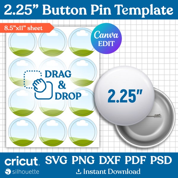 2.25" Button Pin Template, Button Pin Svg, Button Pin Blank, Sublimation Button Pin Template, Badge Circle Labels, png, Canva Editable