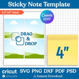 May include: A white sticky note template with a grid background. The template includes four image placeholders with a drag and drop graphic. A yellow sticky note shows the number 4". The text "Sticky Note Template" is at the top.