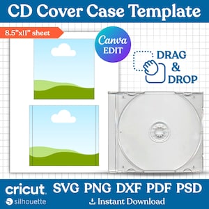May include: A digital CD cover case template on an 8.5"x11" sheet with a clear plastic CD jewel case. The template features two square placeholders with a landscape graphic, Canva edit, and drag and drop icons. Includes Cricut, SVG, PNG, DXF, PDF, and PSD text.