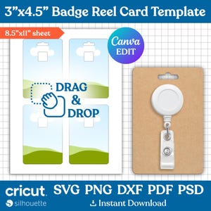 Scheda per badge con bobina da 3"x4,5", scheda espositiva per badge con bobina, modello per scheda per badge con bobina, design per scheda per badge con bobina, file SVG per Cricut, modificabile Canva
