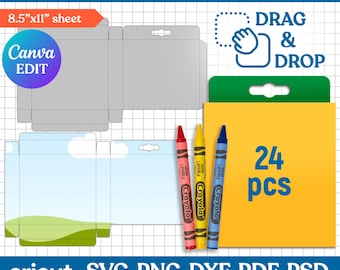 Mall för 24 kritor, mall för vaxkritor, presentask för vaxfärgpenna, askmall, festask, presentask Svg, Png, Canva redigerbar