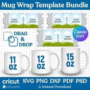 11 Unzen, 12 Unzen, 15 Unzen Bechervorlagen Set, Becher Vollverpackungsvorlage, Sublimationsbechervorlage, Becherpresse, Bechervorlage svg, dxf, png, Canva bearbeitbar