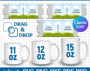 11oz, 12oz, 15oz Mug Template Set, Mug Full Wrap Template, Sublimation Mug Template, Mug Press, Mug Template Svg, dxf, png, Canva Editable