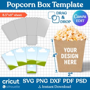 Modello scatola popcorn, scatola popcorn SVG, scatola snack SVG, scatola bomboniera, modello scatola snack, popcorn SVG, bomboniere, Canva modificabile