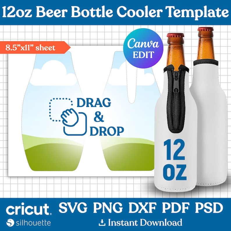 May include: A digital template for a 12oz beer bottle cooler. The template features a blue sky, green grass, and a white bottle cooler with a zipper. The text "DRAG & DROP" is included on the template.