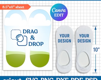May include: A printable sock jig template for creating custom socks. The template includes two 10-inch sock outlines with a drag and drop area for adding designs. The template is designed for use with Canva and includes instructions for adding your own designs.