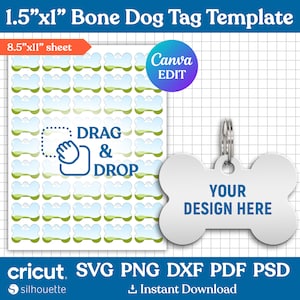 Modèle de plaque d'identité pour chien, modèle de plaque d'identification en os, plaque d'identité pour chien de 1,5 pouce, Svg d'étiquette en os, modèle de sublimation pour plaque d'identification pour chien, plaque d'identification pour animal de compagnie, imprimable, modifiable sur toile