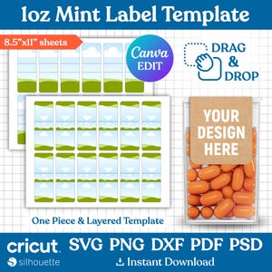 Può includere: Un modello stampabile per etichette di menta da 30 ml. Il modello presenta un design con erba verde, cielo blu e nuvole bianche. Il modello è disponibile nei formati SVG, PNG, DXF, PDF e PSD. Il testo "loz Mint Label Template" è in alto nell'immagine. Il testo "8.5"x11" sheets" è in un riquadro rosso in alto a sinistra dell'immagine. Il testo "Canva EDIT" è in un cerchio in alto a destra dell'immagine. Il testo "DRAG & DROP" è in un riquadro in alto a destra dell'immagine. Il testo "YOUR DESIGN HERE" è su un'etichetta marrone al centro dell'immagine. Il testo "One Piece & Layered Template" è in basso nell'immagine. Il testo "cricut SVG PNG DXF PDF PSD" è in basso nell'immagine. Il testo "S silhouette" è in basso a sinistra dell'immagine. Il testo "Instant Download" è in basso a destra dell'immagine.