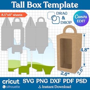 4.8&quot; Tall Box Template, Tall Box Svg, Box with Handle Template, Gift Box, Treat Box, Window Box, Tall Gable Box, Party Favor, Canva Editable