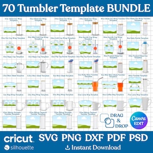 Op de afbeelding: Een digitale bundel met 70 tumbler-sjablonen, waaronder verschillende maten en stijlen zoals glazen can wraps, warme bekers, sippy cups en mokken. De sjablonen zijn ontworpen voor Cricut- en Silhouette-machines, met opties voor SVG, PNG, DXF, PDF en PSD-formaten. De afbeelding bevat ook de tekst "Drag & Drop" en "Canva Edit."