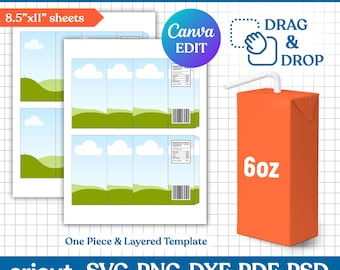 Könnte beinhalten: Eine Saftbox-Wrapper-Vorlage mit Landschaftsdesign, mit blauem Himmel, weißen Wolken und grünen Hügeln. Enthält ein 177ml-Orangensaftbox-Mockup mit Strohhalm. Das Design ist für A4-Blätter und ist mit Canva kompatibel.