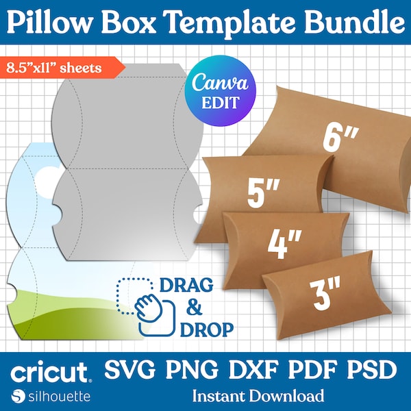 Pillow Box Template Bundle, Pillow Boxes, Favor Box Template, Box Template svg, Gift Box Template, Cut Files, DIY Gift Box, Canva Editable