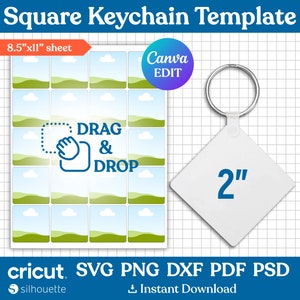 May include: A printable template for square keychains, featuring a design of a blue sky with white clouds and green hills. The template includes 16 squares, each measuring 5 cm, and is designed to be printed on an 8.5 x 11 inch sheet of paper. The template is labelled "Canva EDIT" and includes instructions to "DRAG & DROP" the design onto the squares.