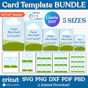 Könnte beinhalten: Ein digitales Kartenvorlagen-Set mit fünf Kartengrößen von 4,45 cm x 6,35 cm bis 8,89 cm x 14,61 cm auf 21,59 cm x 27,94 cm Blättern. Das Design zeigt einen blauen Himmel mit weißen Wolken und grünen Hügeln. Kompatibel mit Canva, Cricut und Silhouette in SVG, PNG, DXF, PDF und PSD.
