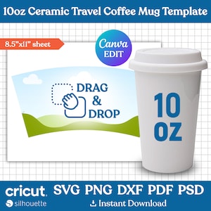 Puede incluir: Una plantilla de taza de café de viaje de cerámica blanca con una etiqueta azul de 10 oz. La plantilla está diseñada para la impresión por sublimación e incluye un área de arrastrar y soltar para agregar diseños. La plantilla es compatible con las máquinas de corte Cricut y Silhouette.