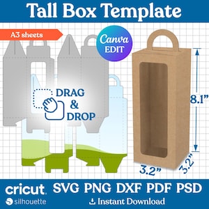 8.1&quot; Tall Box Template, Tall Box Svg, Box with Handle Template, Gift Box, Treat Box, Window Box, Tall Gable Box, Party Favor, Canva Editable