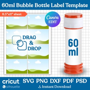 Op de afbeelding: Afdrukbare 60 ml zeepbelfles-etiket sjabloon met een groen en blauw landschapsontwerp. Het etiket zegt "DRAG & DROP" en bevat instructies voor het gebruik van Canva om het ontwerp te bewerken. De sjabloon is compatibel met Cricut en Silhouette snijmachines.