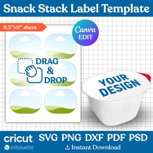 May include: Printable template for snack stack labels. The template features a blue sky with white clouds, green hills, and a drag and drop area. The text "Your Design" is on a white container lid.