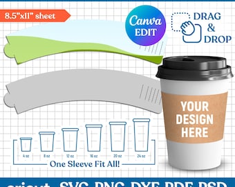Puede incluir: Imagen de una plantilla de funda de taza ajustable con el texto "Adjustable Cup Sleeve Template". El diseño incluye una taza de café con una funda que dice "YOUR DESIGN HERE". La plantilla es para tazas de 118 ml, 237 ml, 355 ml, 473 ml, 591 ml y 710 ml.