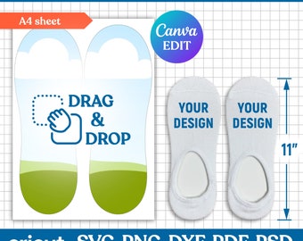 May include: A white sock jig template with the text "YOUR DESIGN" on two white socks. The template is 11 inches long. The design includes "DRAG & DROP" instructions and is compatible with Cricut and Silhouette machines.