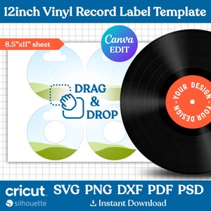 Modèle de disque vinyle 12 pouces, modèle de maison de disque vinyle, modèle d'autocollant de maison de disque, modèle de disque vinyle personnalisé, canva modifiable