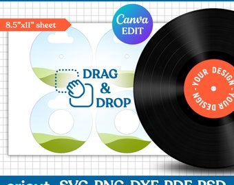 Pode incluir: Um modelo para criar etiquetas de discos de vinil de 30,5 cm. O modelo inclui três círculos em branco com um fundo de céu e grama, e um ícone de arrastar e soltar. O modelo é projetado para ser usado com as máquinas de corte Cricut e Silhouette. O texto "Canva EDIT" é visível em um círculo azul. O texto "YOUR DESIGN - YOUR DESIGN" é visível em um círculo vermelho.