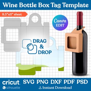 Plantilla de caja para botella de vino de 3,5", etiqueta para caja de vino, caja para botella de vino, caja de regalo Svg, caja de vino Svg, plantilla de caja Svg, caja de obsequios para fiestas, Canva editable