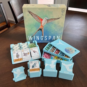 Complete 3D Printed Wingspan Organizer – Storage System for Base Game & Expansions with Card Holders, Bird Tray and Resource Organizer