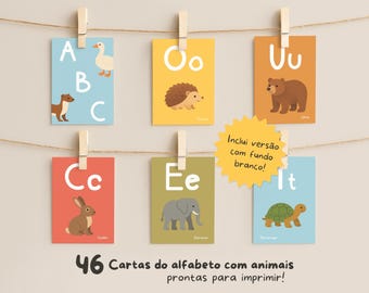Tarjetas ABC - Tarjetas didácticas del alfabeto animal - Portugués (Archivos PDF y PNG imprimibles)